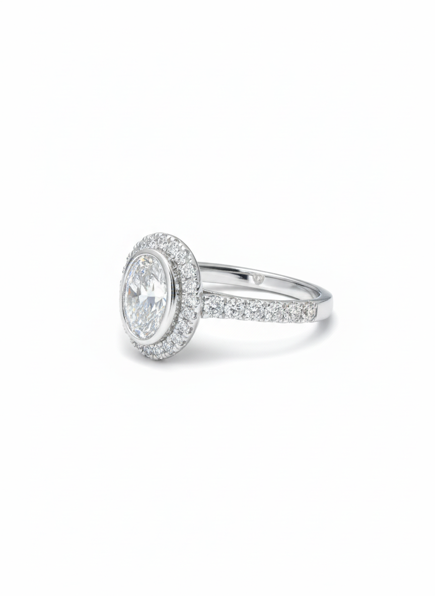 Side view of Zoryn Trace Oval Lab Diamond Halo Ring in 18K White Gold - Fiona Diamonds