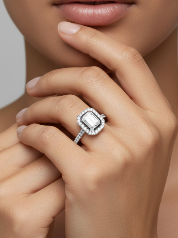 Close-up of Qynexia Band Emerald Lab Diamond Halo Ring set in 18K White Gold by Fiona Diamonds