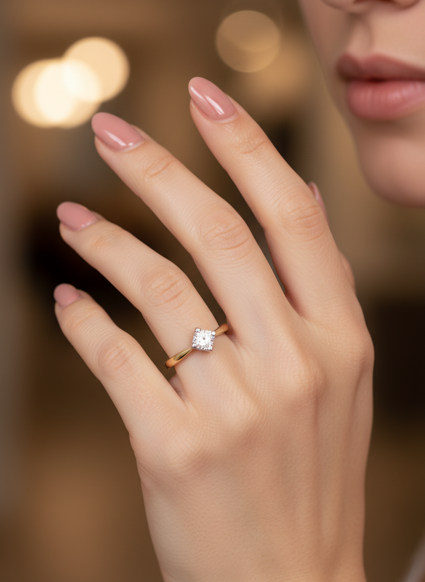 Close-up of Avyron Seal Round Lab Diamond Classic Solitaire Ring set in 18K Yellow Gold by Fiona Diamonds