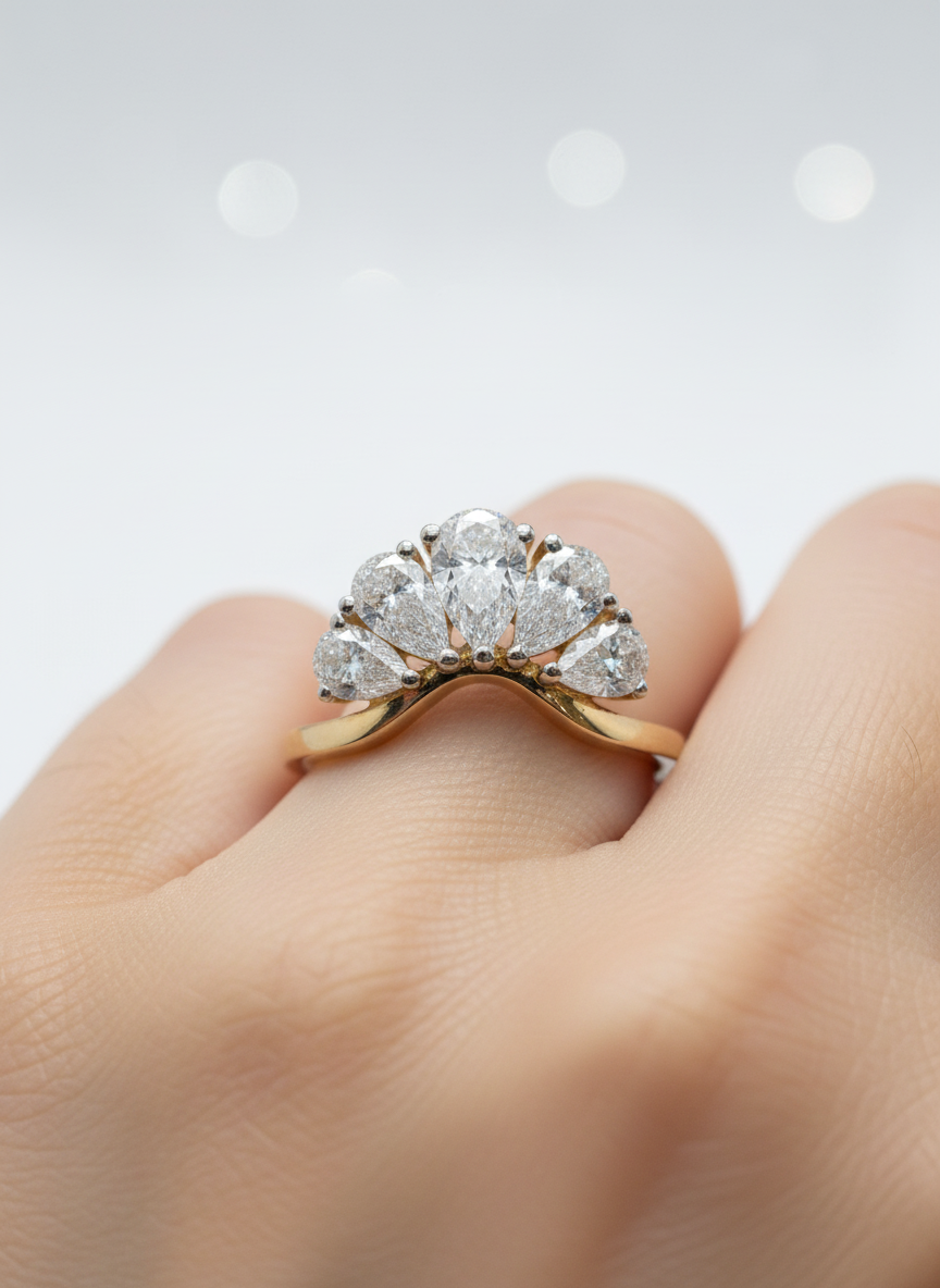 Close -up of Meridian Halo Pear Lab Diamond Designer Ring set in 18K Yellow Gold by Fiona Diamonds