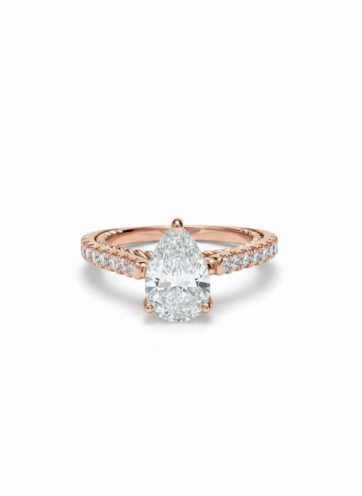 Zyvion Edge Pear Lab Diamond Side Stone Solitaire Ring in 18K Rose Gold by Fiona Diamonds