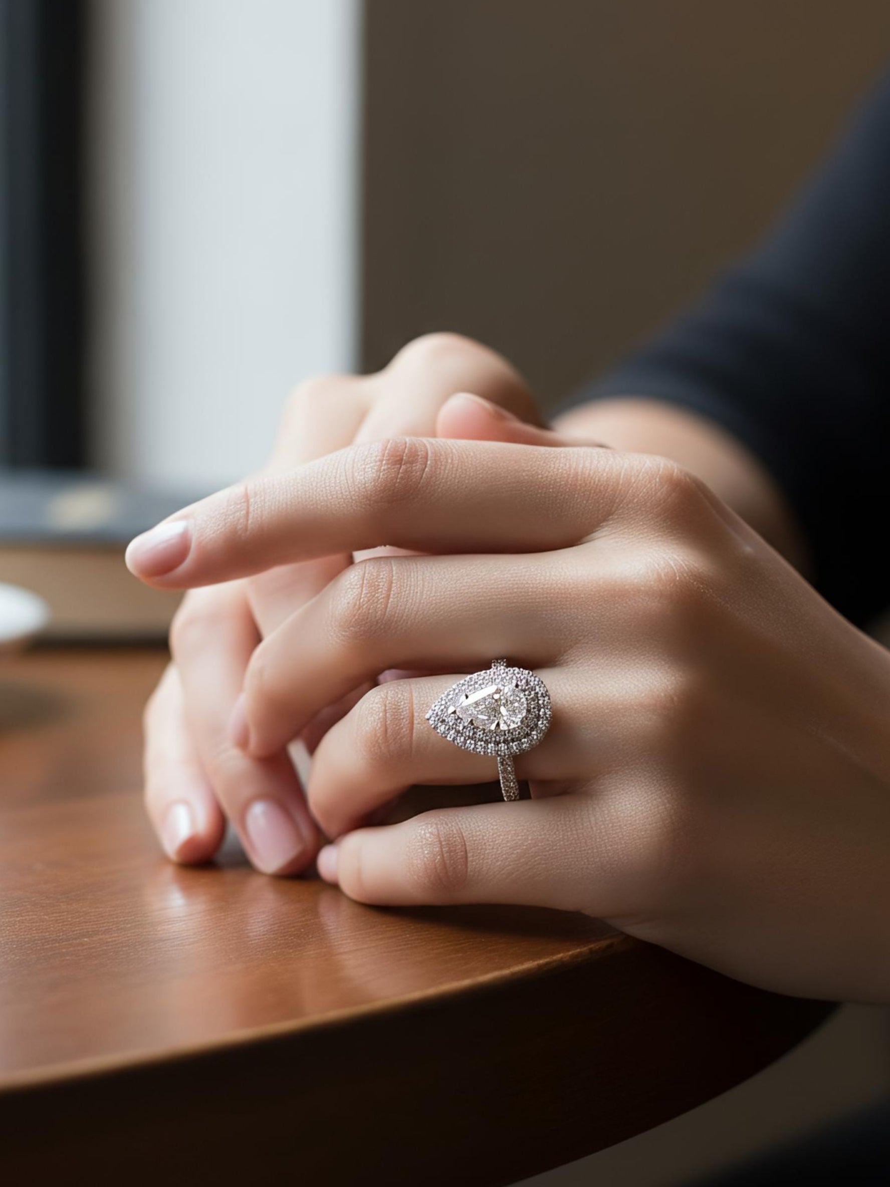 Close-up of Avyphrix Band Pear Lab Diamond Halo Ring set in 18K White Gold by Fiona Diamonds