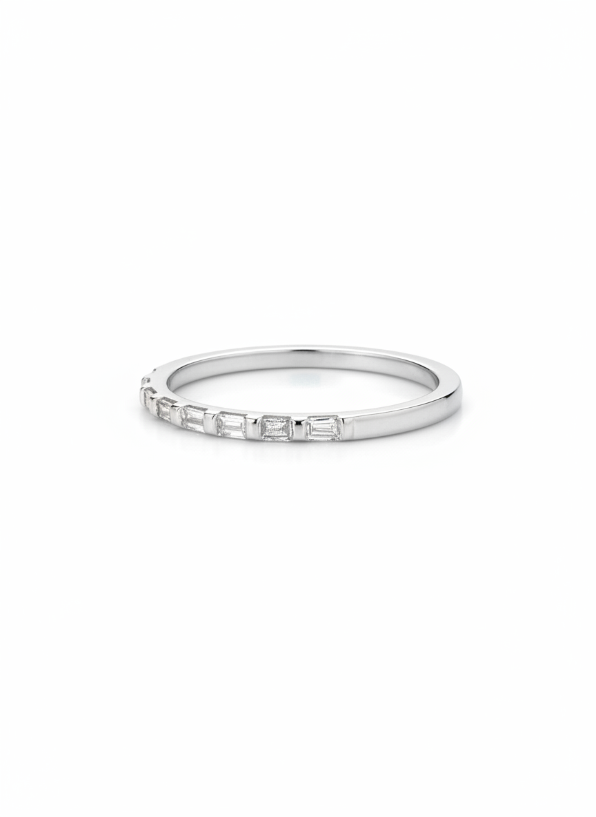 Side view of Zephyra Crest Baguette Lab Diamond Eternity Ring in 18K White Gold - Fiona Diamonds