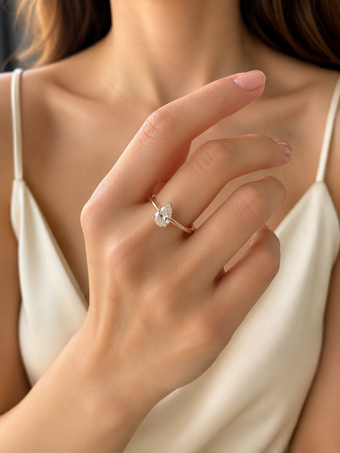 Side profile of Ulric Glow Pear Lab Diamond Classic Solitaire Ring in 18K Yellow Gold Fiona Diamonds