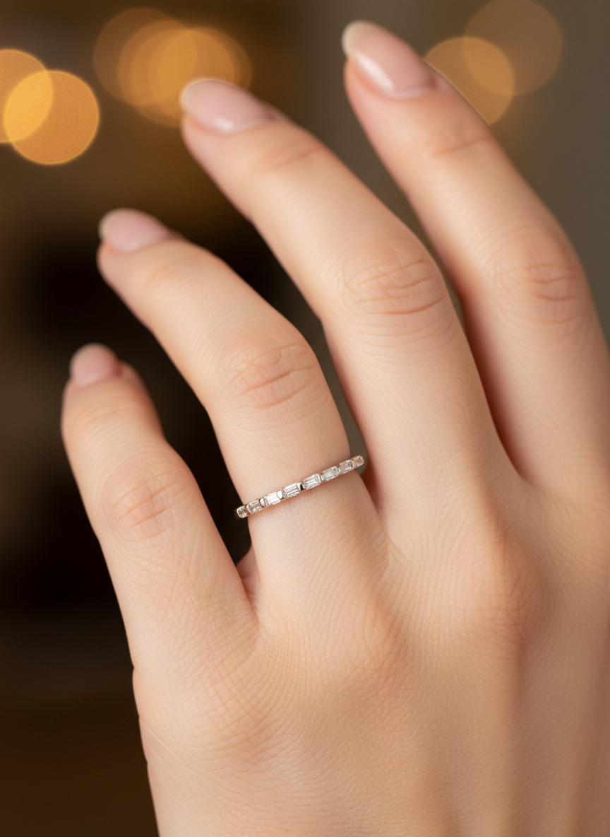 Close-up of Zephyra Crest Baguette Lab Diamond Eternity Ring set in 18K White Gold by Fiona Diamonds