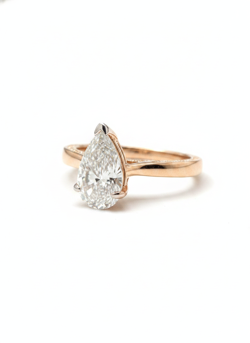 Ulric Glow Pear Lab Diamond Classic Solitaire Ring in 18K Yellow Gold by Fiona Diamonds