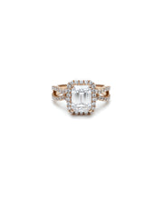 Lyphrix Band Emerald Lab Diamond Halo Ring in 18K Rose Gold by Fiona Diamonds