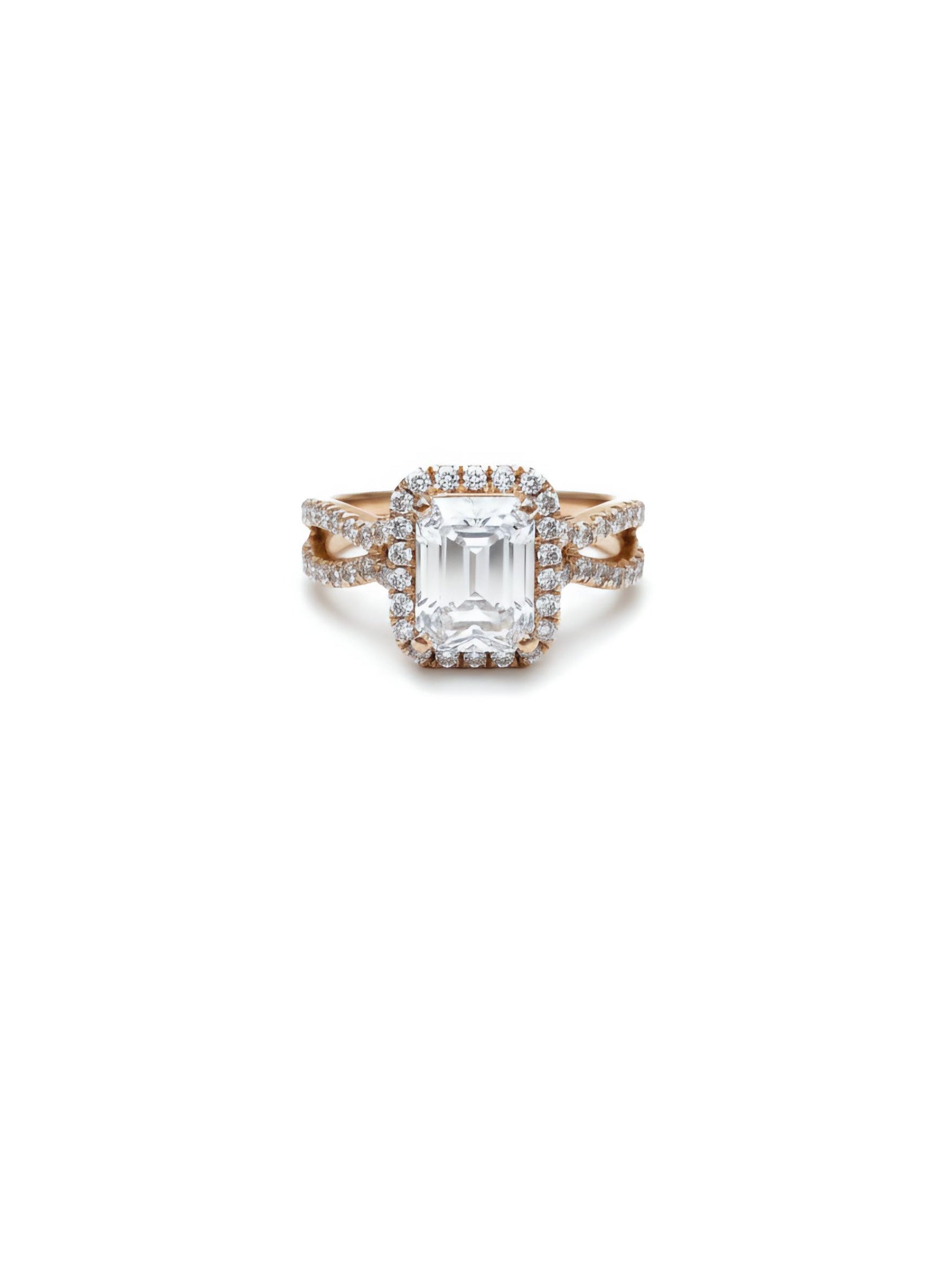 Lyphrix Band Emerald Lab Diamond Halo Ring in 18K Rose Gold by Fiona Diamonds