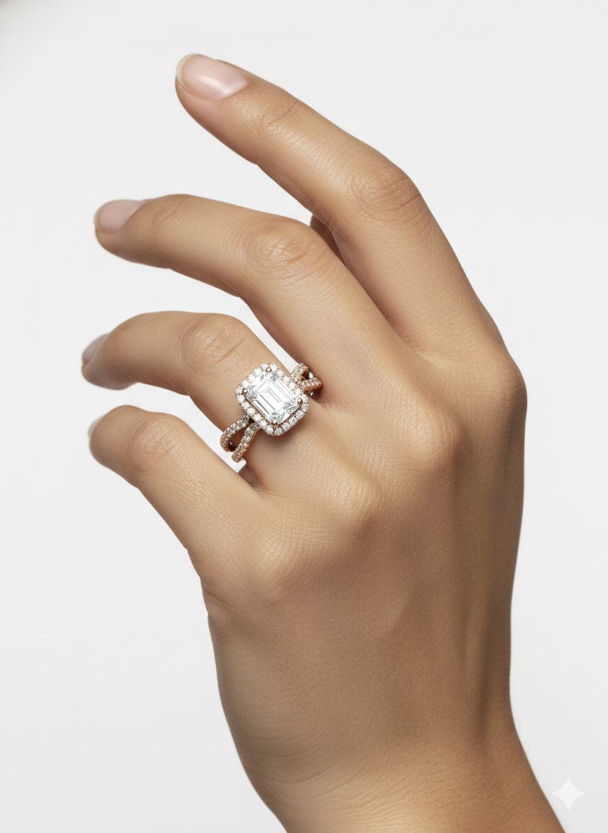 Side view of Lyphrix Band Emerald Lab Diamond Halo Ring in 18K Rose Gold - Fiona Diamonds