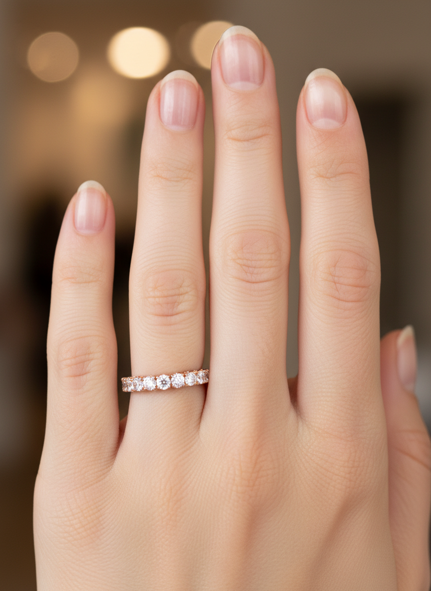 Close-up of Kryvion Axis Round Lab Diamond Eternity Ring set in 14K Rose Gold by Fiona Diamonds