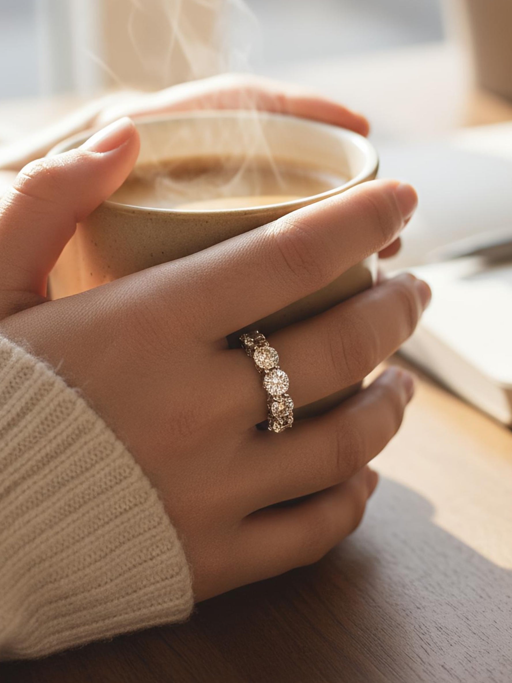 Close-up of Qyrith Band Round Lab Diamond Eternity Ring set in 18K White Gold by Fiona Diamonds
