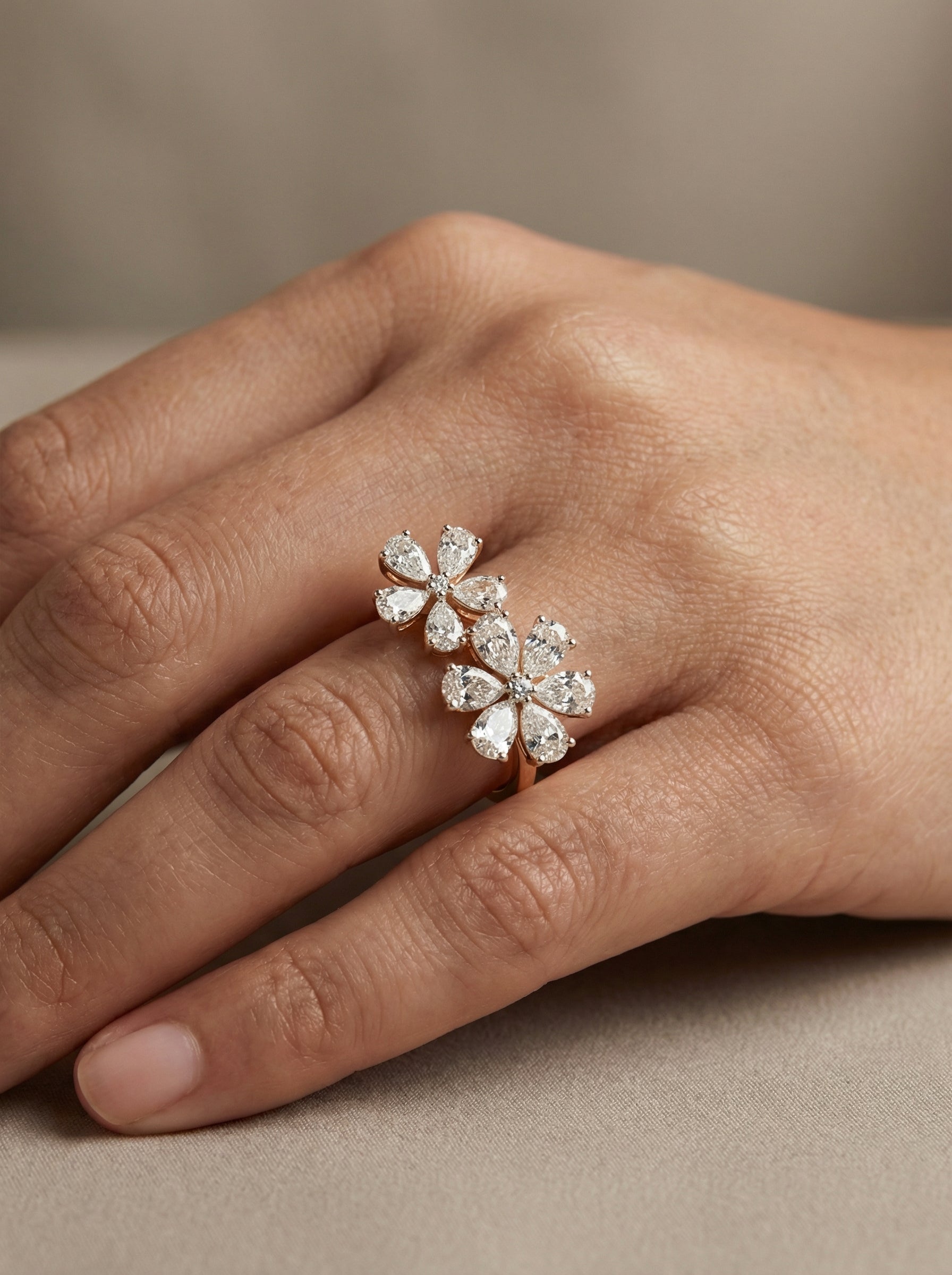 Close -up of Lunessa Raye Round Lab Diamond Designer Ring set in 14K Rose Gold by Fiona Diamonds