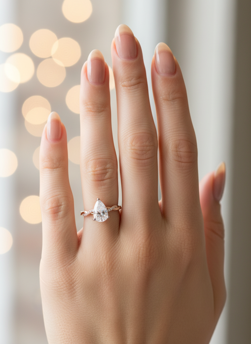 Close-up of Qirelle Frame Pear Lab Diamond Side Stone Solitaire Ring set in 18K Rose Gold by Fiona Diamonds