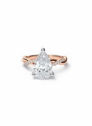 Qirelle Frame Pear Lab Diamond Side Stone Solitaire Ring in 18K Rose Gold by Fiona Diamonds