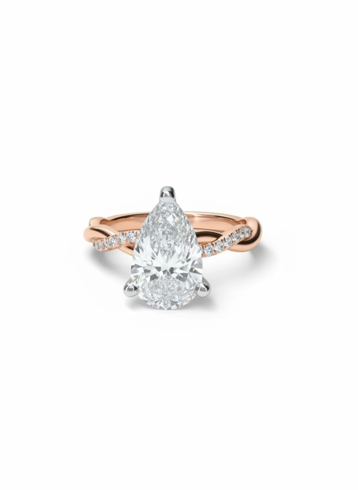 Qirelle Frame Pear Lab Diamond Side Stone Solitaire Ring in 18K Rose Gold by Fiona Diamonds