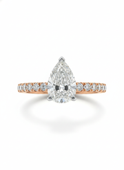 Orbit Crown Pear Lab Diamond Side Stone Solitaire Ring in 18K Rose Gold by Fiona Diamonds