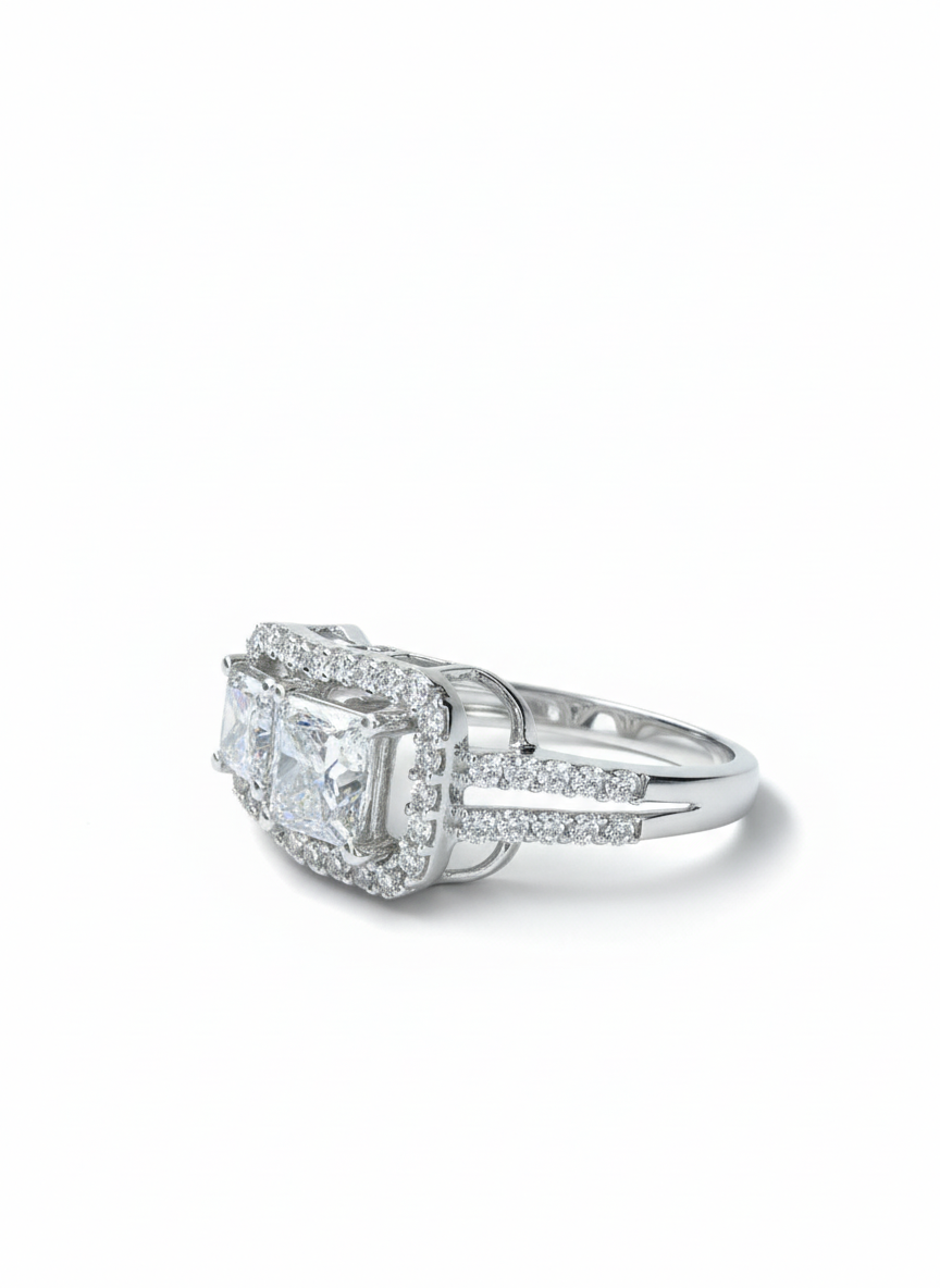 Side view of Lyvion Ridge Princess Lab Diamond Designer Ring in 14K White Gold - Fiona Diamonds
