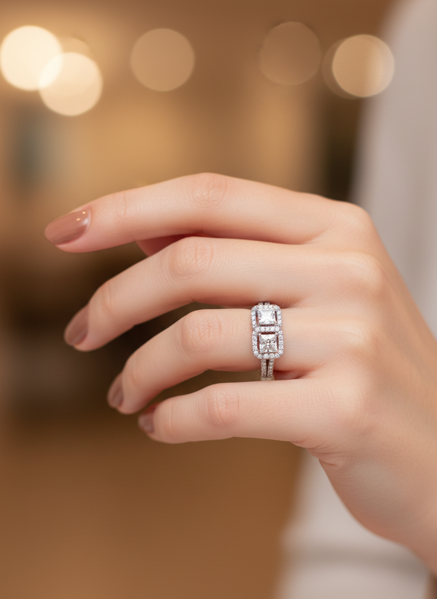Close -up of Lyvion Ridge Princess Lab Diamond Designer Ring set in 14K White Gold by Fiona Diamonds