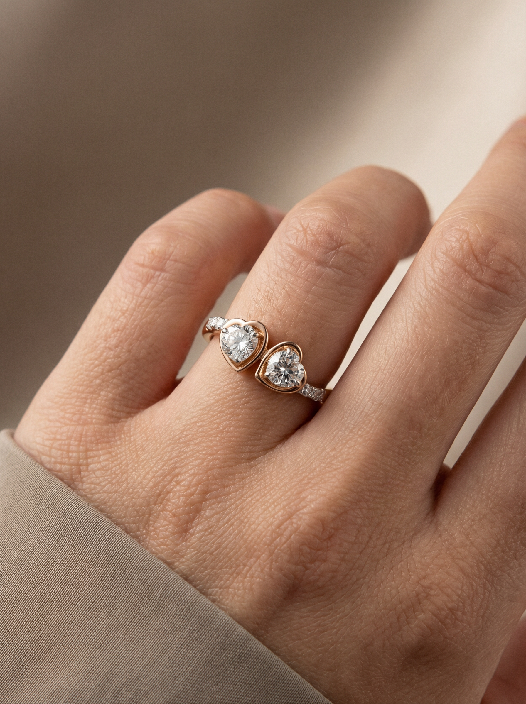 Close-up of Zireva Skye Round Lab Diamond Toi Et Moi Ring set in 18K Rose Gold by Fiona Diamonds