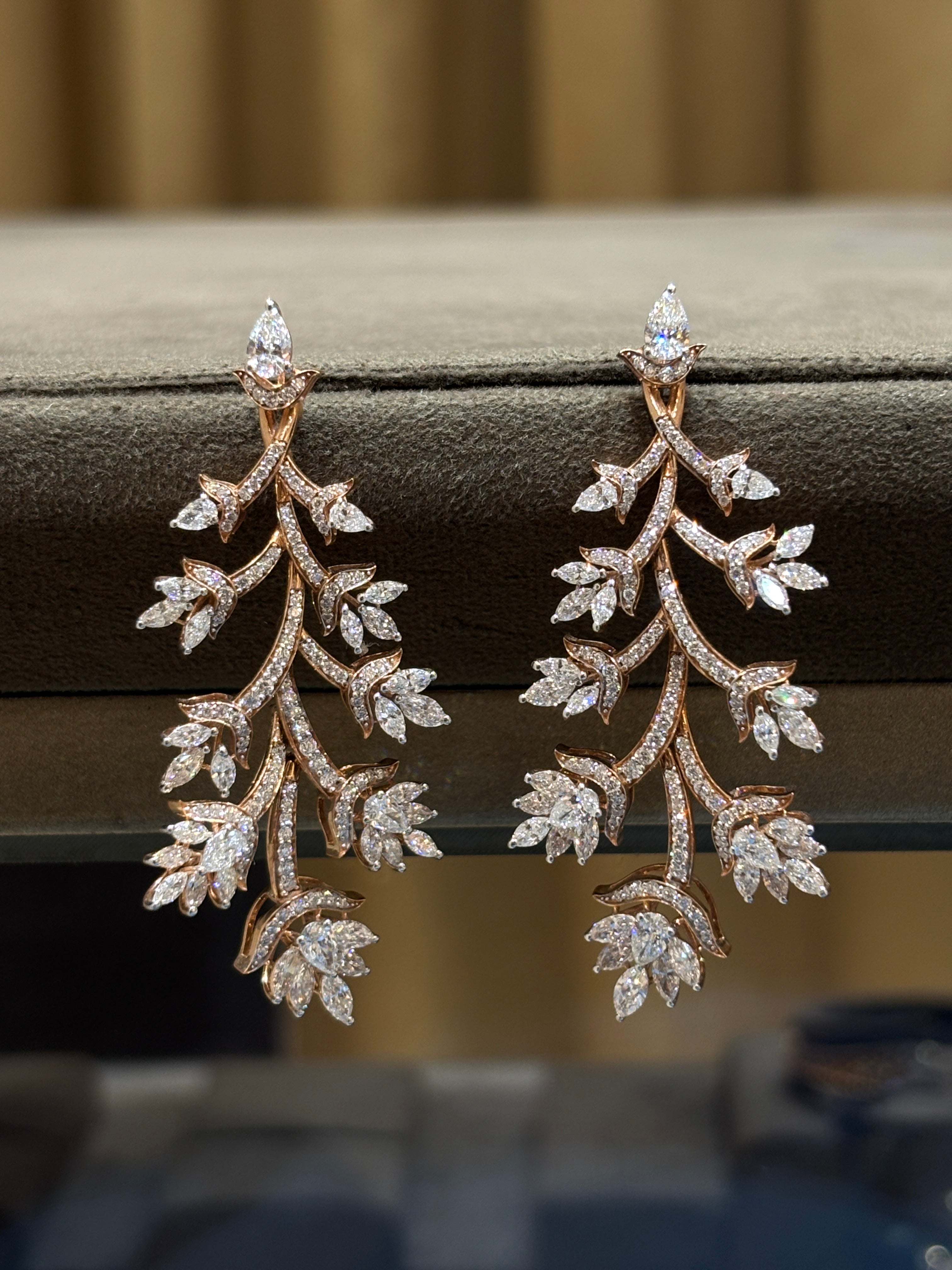 Side view of Mystic Eden Pear Lab Diamond Dangler Earrings in 14K Rose Gold - Fiona Diamonds