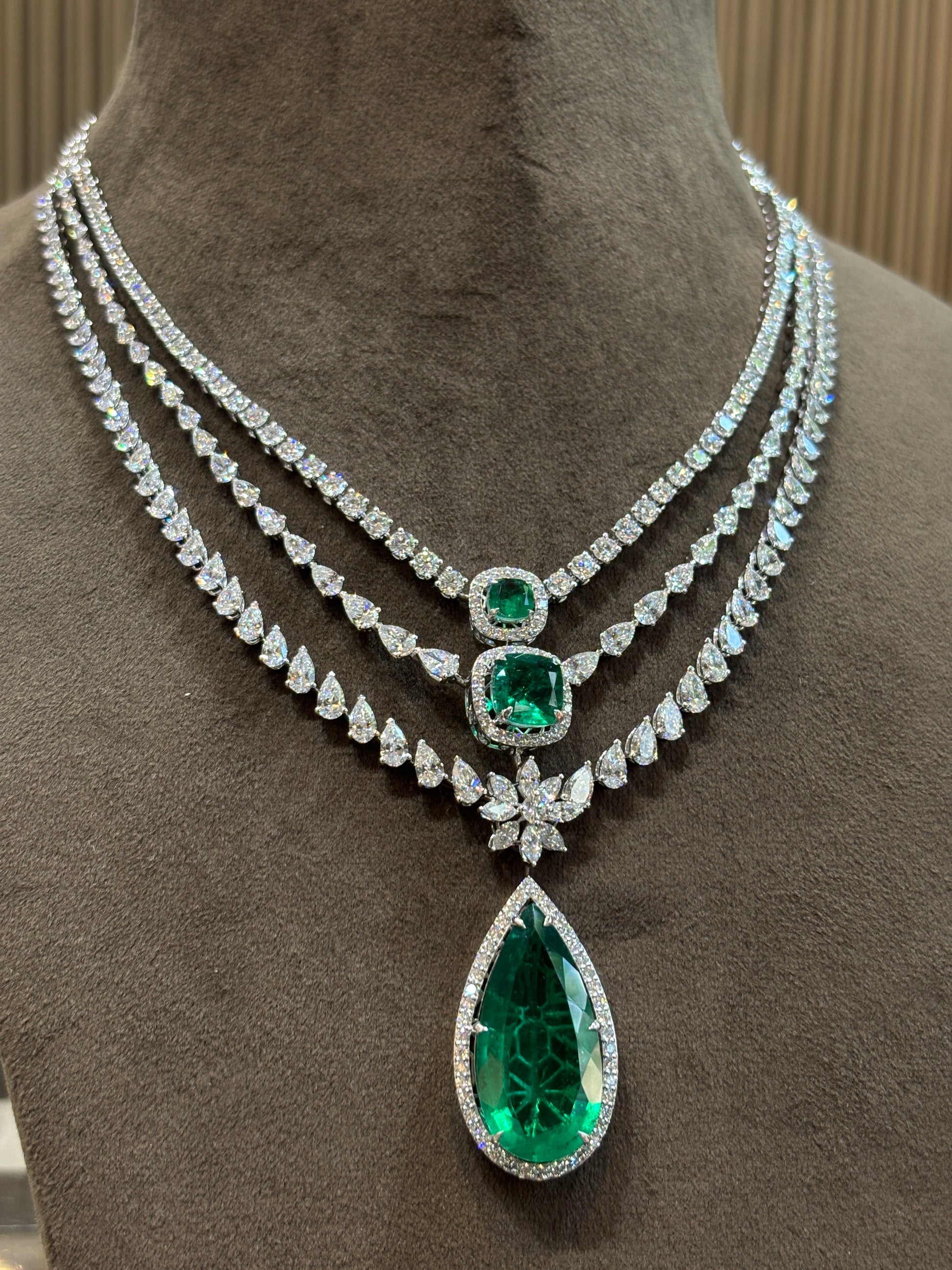 Close-up of Radiant Ember Pear Lab Diamond Designer Necklace in 14K White Gold by Fiona Diamonds