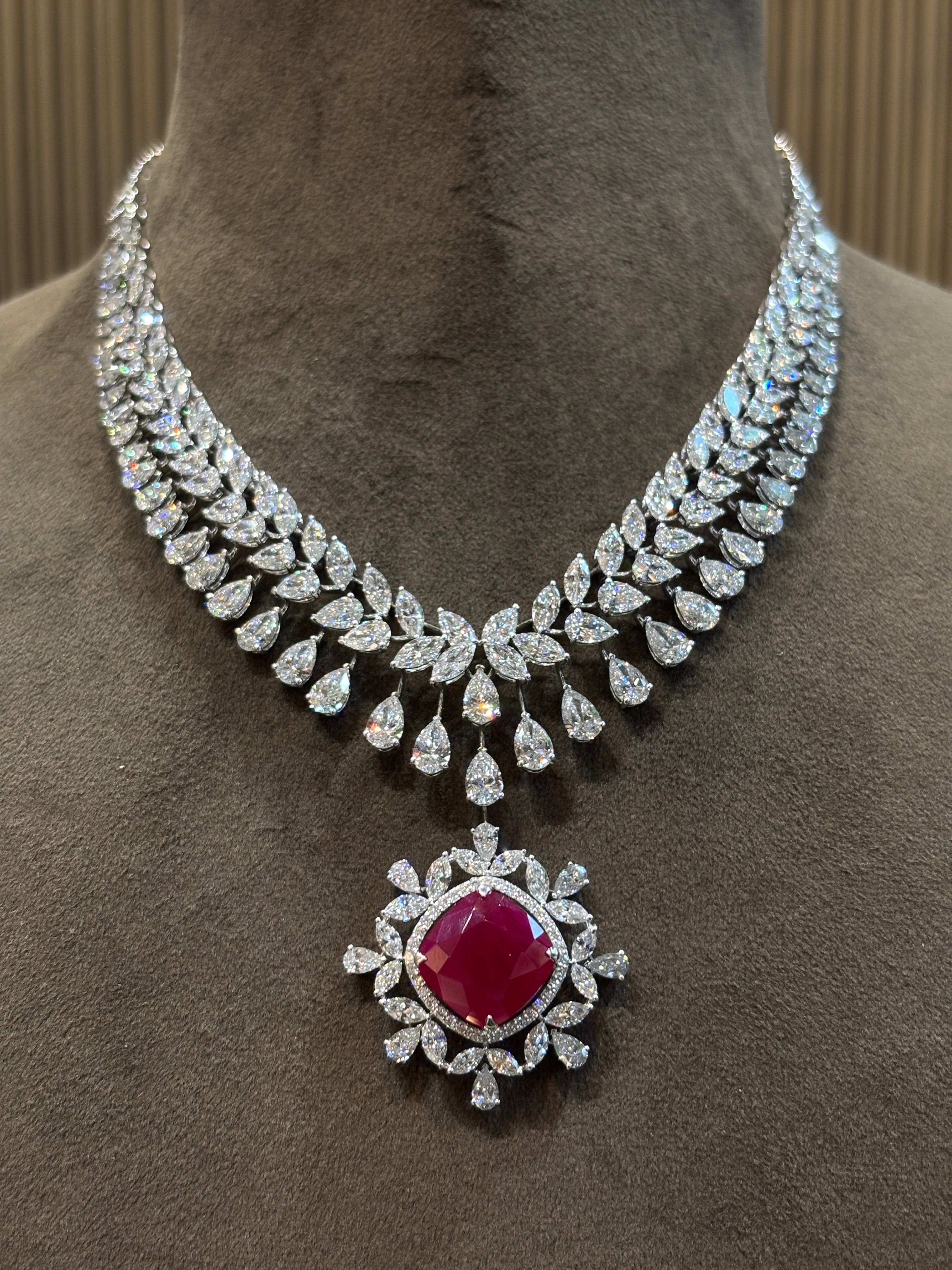 Close-up of Crystal Mirage Pear Lab Diamond Designer Necklace in 14K White Gold by Fiona Diamonds