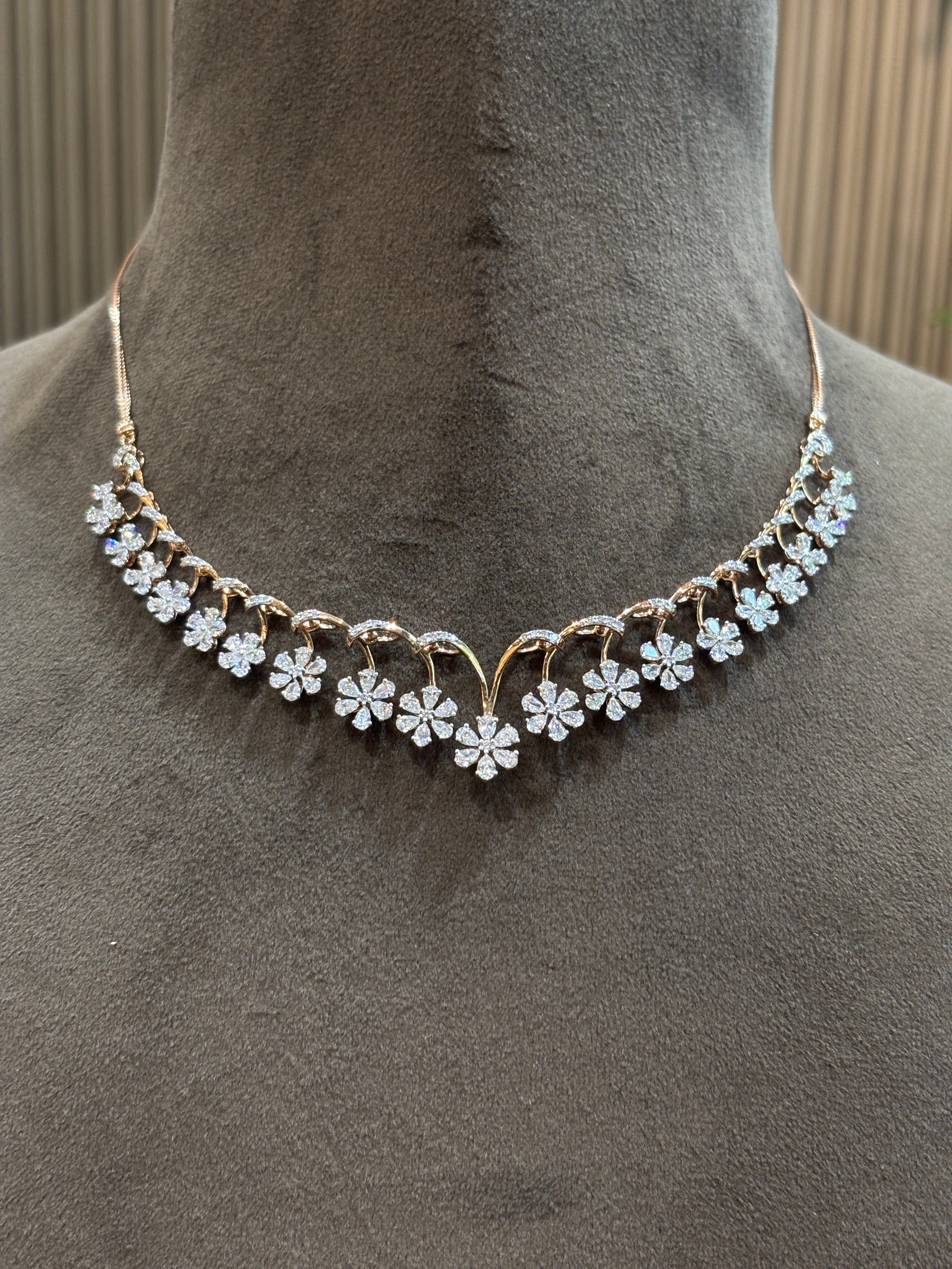 Close-up of Mystic Embrace Pear Lab Diamond Designer Necklace in 18K Rose Gold by Fiona Diamonds