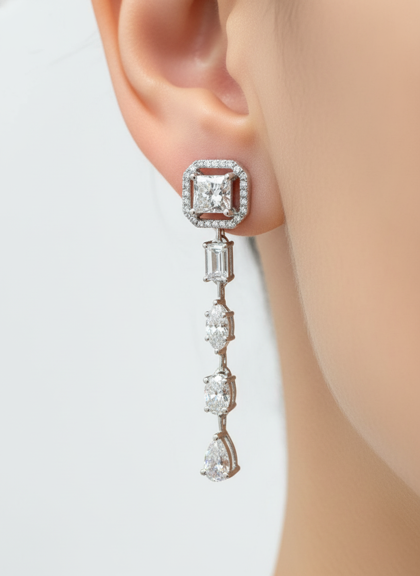 Side view of Canto Drop Princess Lab Diamond Dangler Earrings in 18K White Gold - Fiona Diamonds