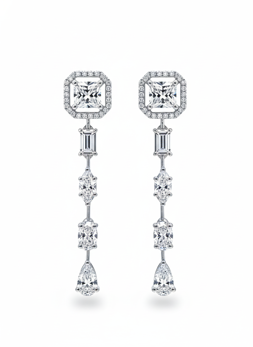 Canto Drop Princess Lab Diamond Dangler Earrings in 18K White Gold by Fiona Diamonds