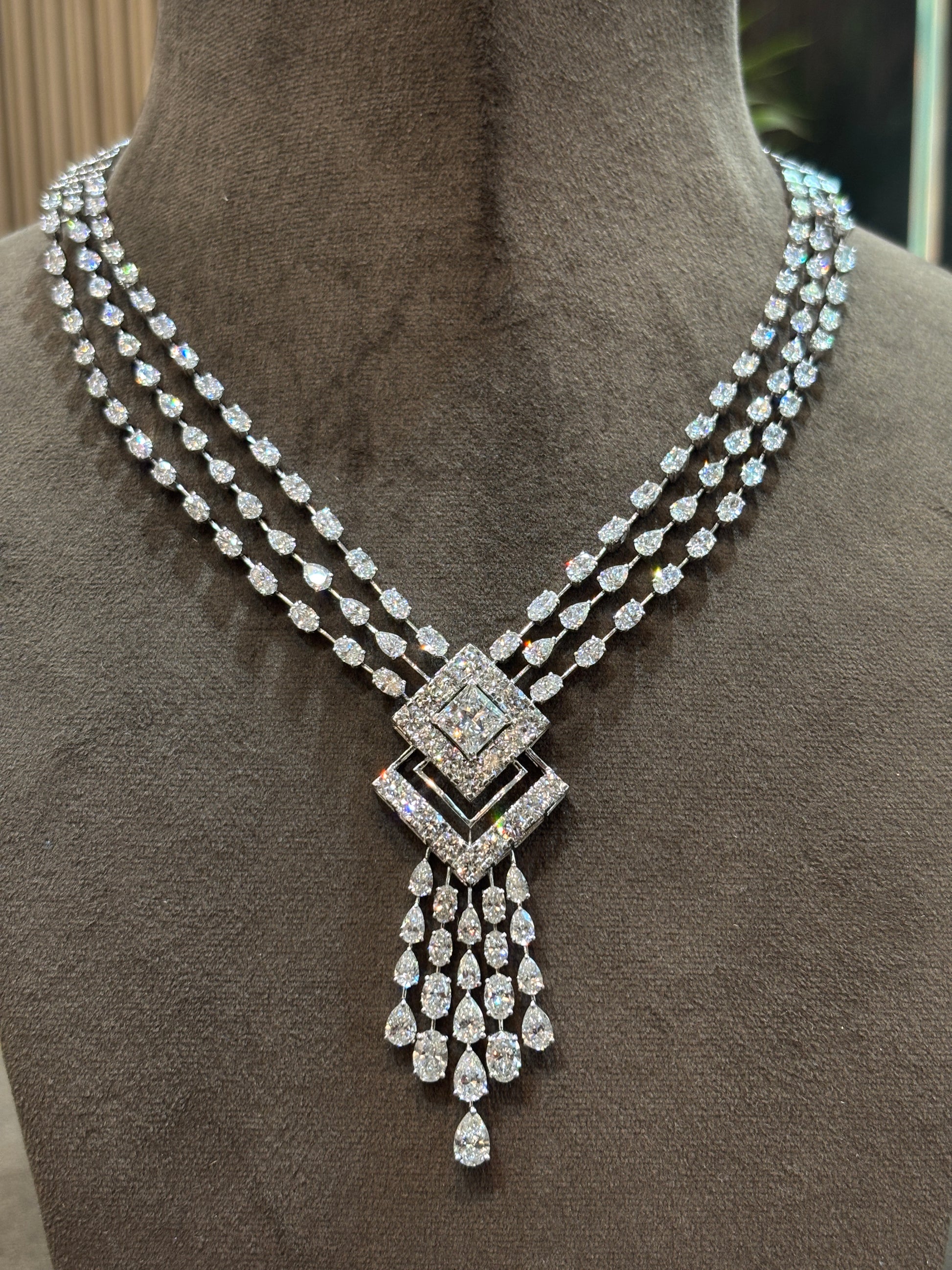 Close-up of Celestial Dusk Princess Lab Diamond Designer Necklace in 18K White Gold by Fiona Diamonds