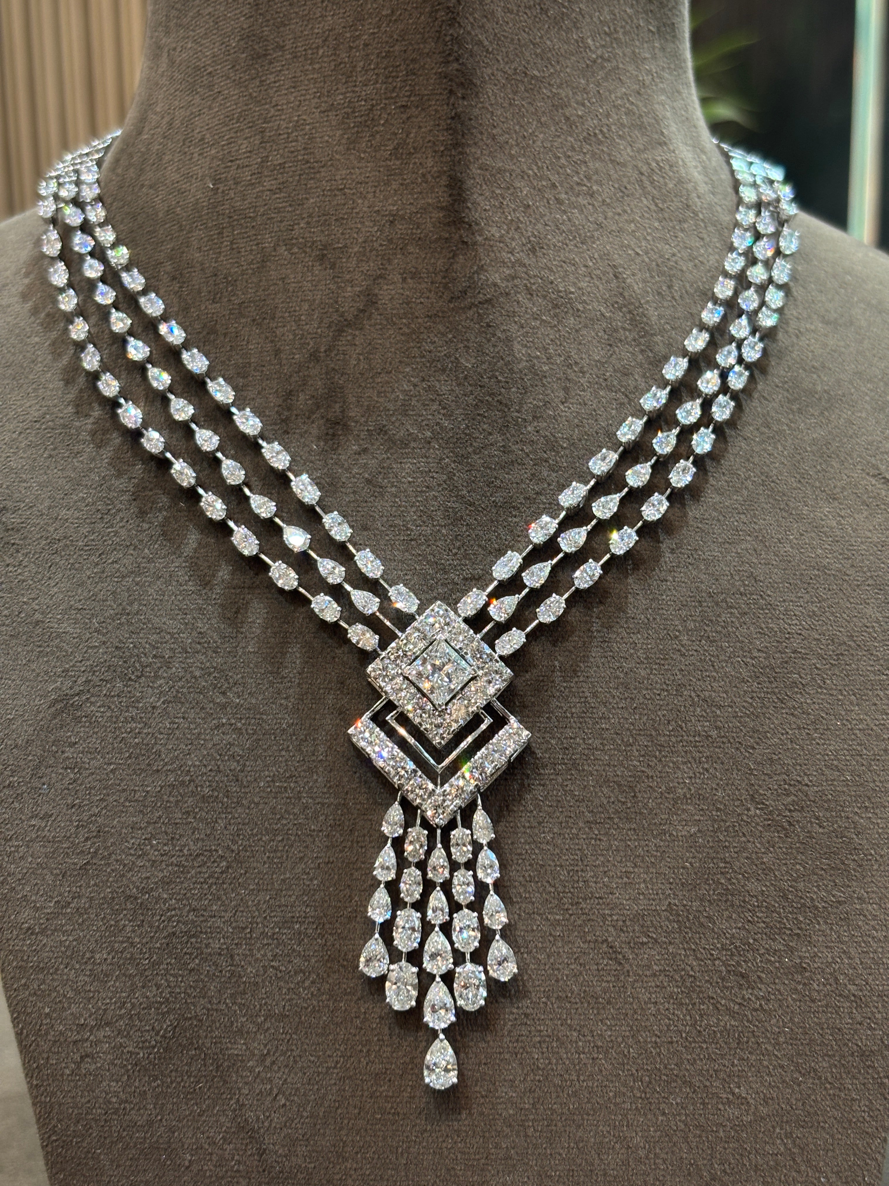 Close-up of Celestial Dusk Princess Lab Diamond Designer Necklace in 18K White Gold by Fiona Diamonds