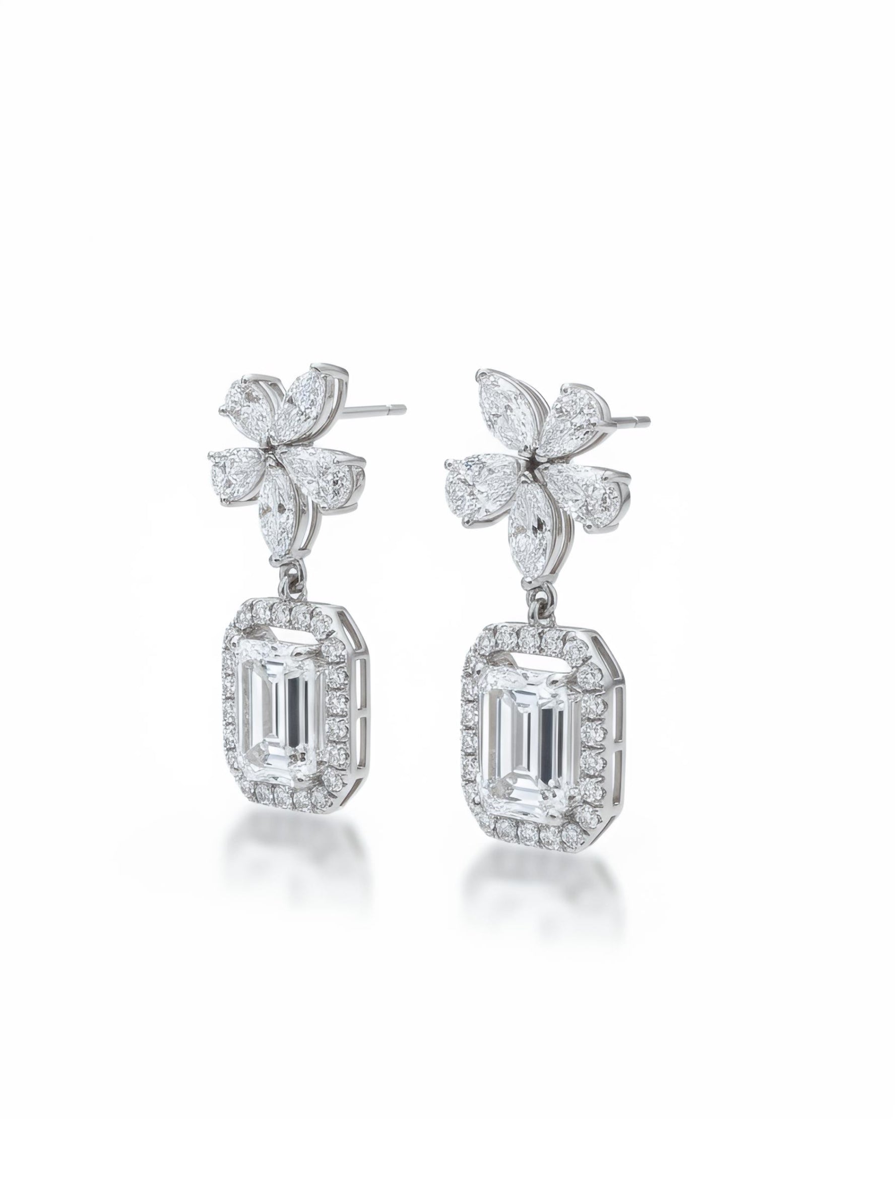 Side view of Norielle Fawn Emerald Lab Diamond Drop Earrings in 18K White Gold - Fiona Diamonds