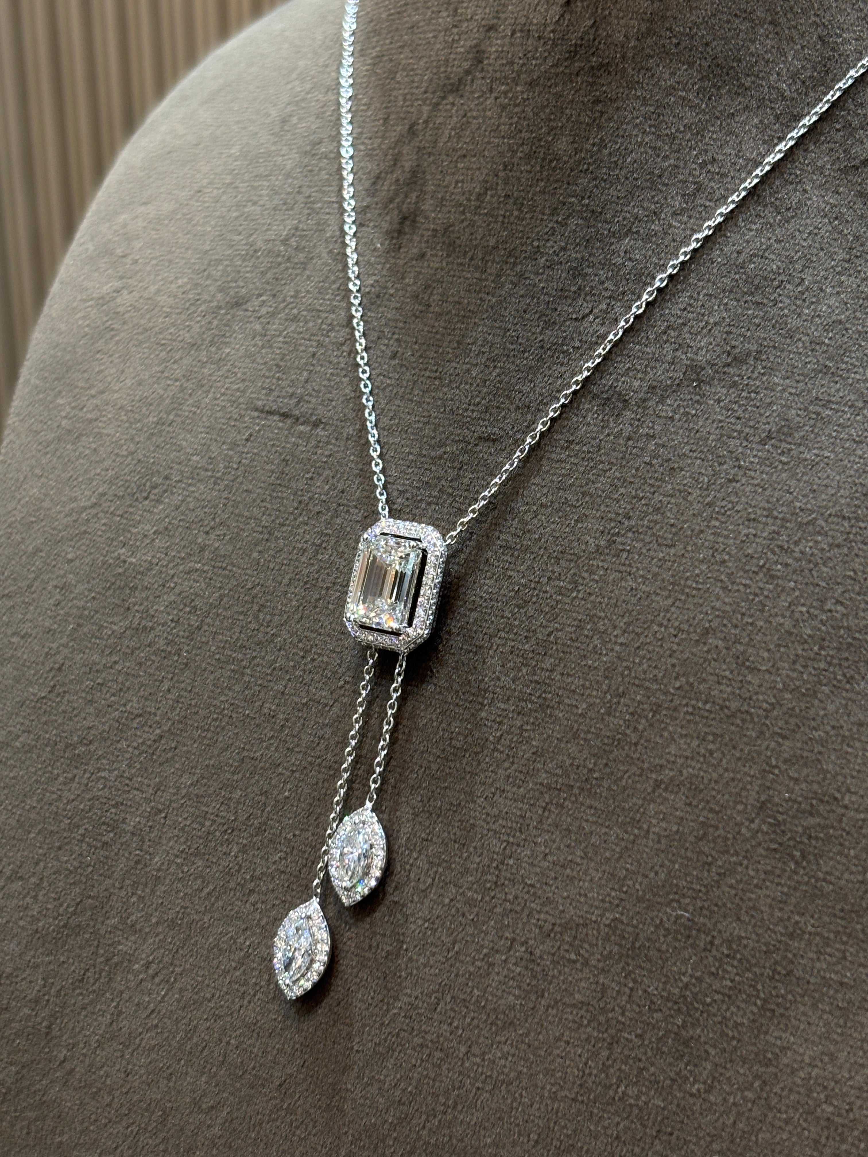 Emerald Lab Diamond Chain Necklace - Secret Halo in 18K White Gold by Fiona Diamonds