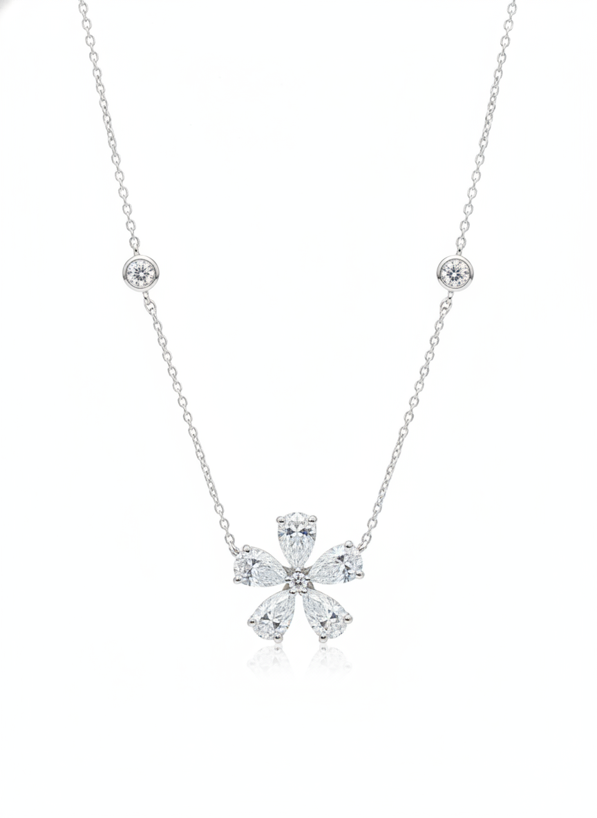 Close-up of Haven Charm Pear Lab Diamond Designer Pendant in 14K White Gold by Fiona Diamonds