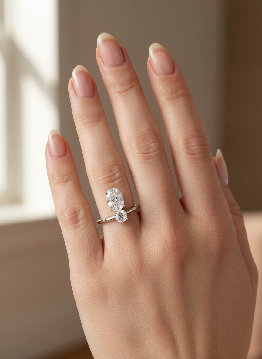 Close -up of Qyrona Loop Oval Lab Diamond Designer Ring set in 18K White Gold by Fiona Diamonds