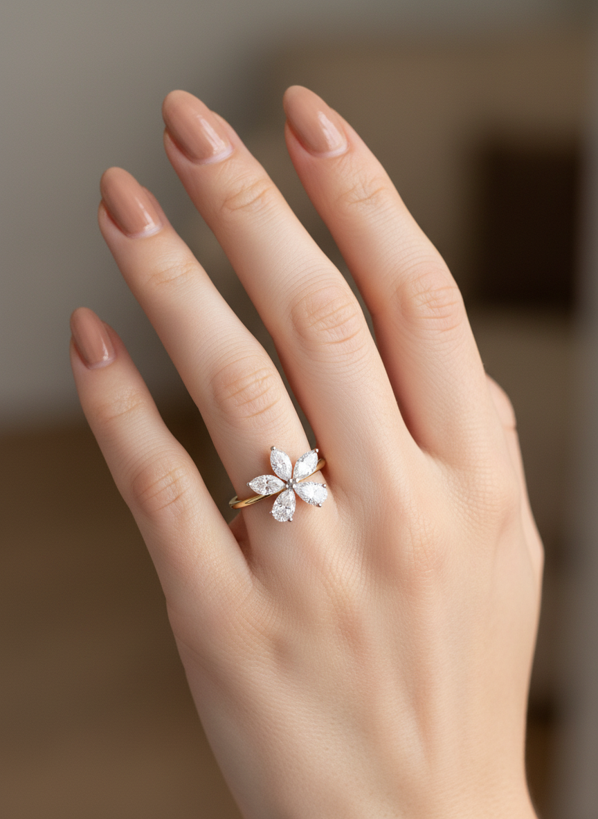 Close -up of Xyvira Band Pear Lab Diamond Designer Ring set in 14K Yellow Gold by Fiona Diamonds