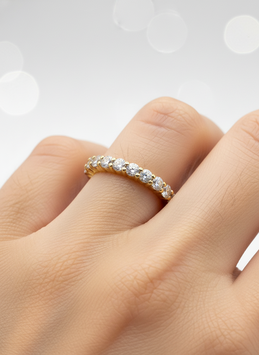 Side view of Lotus Coil Round Lab Diamond Eternity Ring in 18K Yellow Gold - Fiona Diamonds