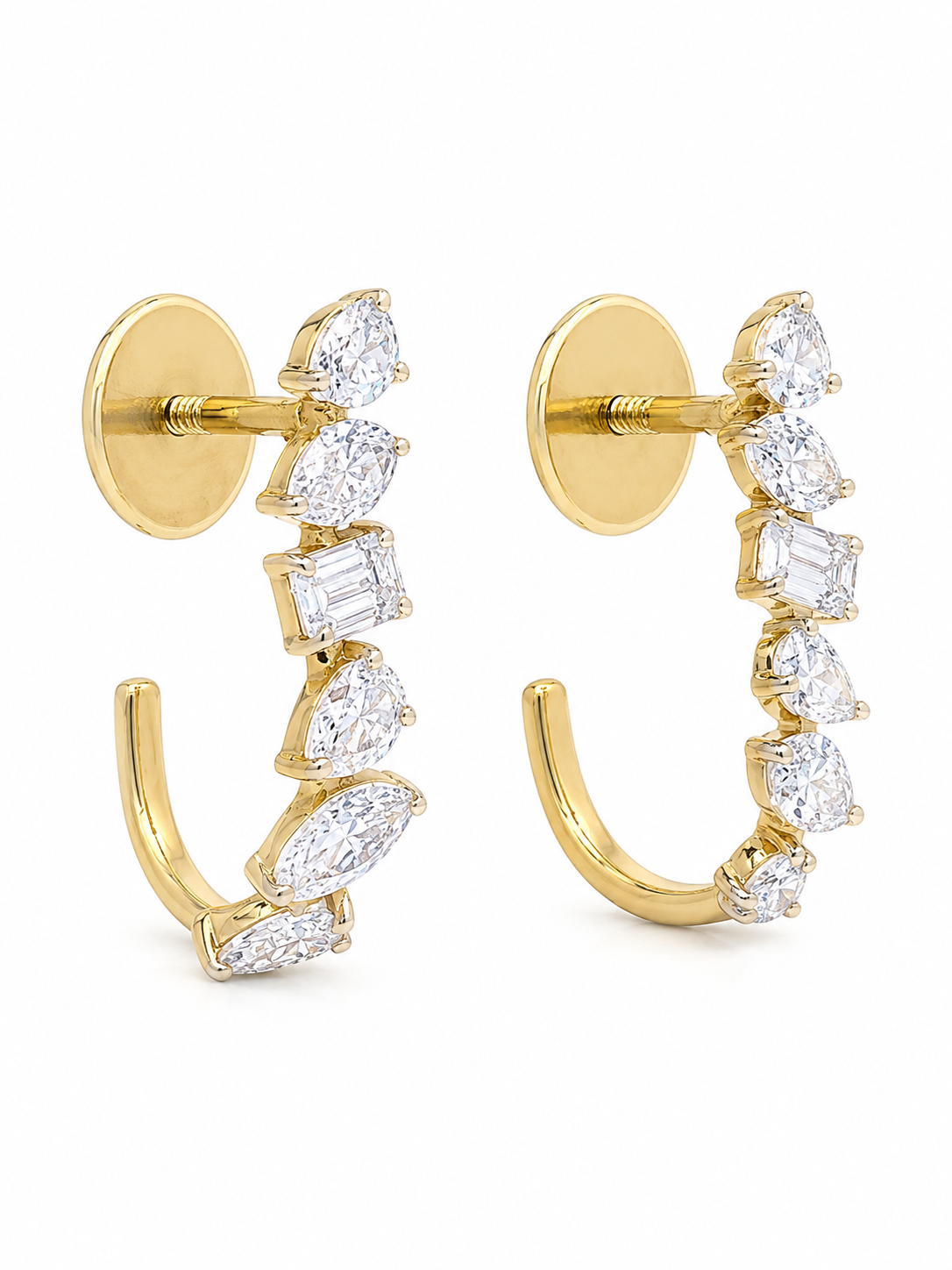 Close-up of Orien Lace Emerald Lab Diamond Drop Earrings in 14K Yellow Gold by Fiona Diamonds