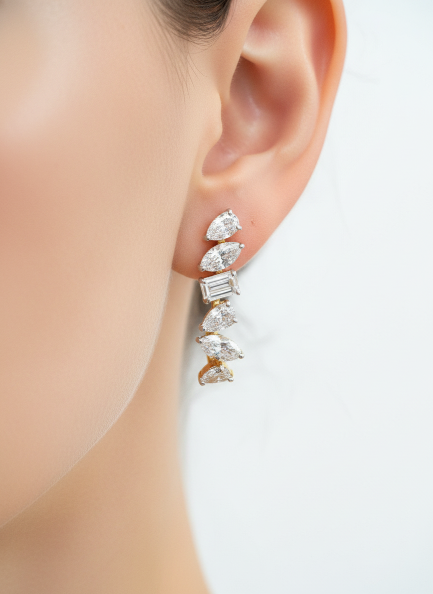 Side view of Orien Lace Emerald Lab Diamond Drop Earrings in 14K Yellow Gold - Fiona Diamonds