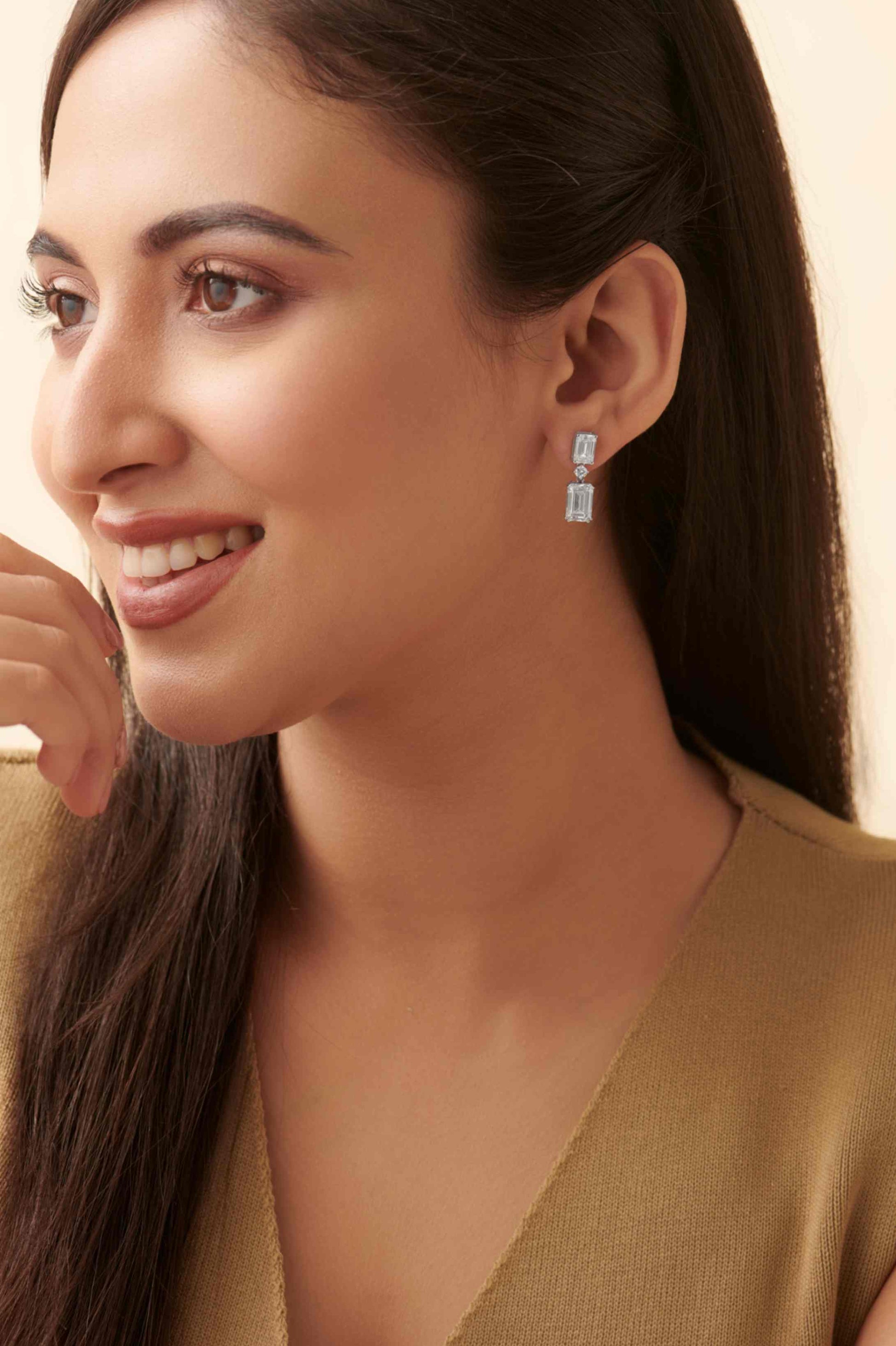 Close-up of Miguel Emerald Lab Diamond Drop Earrings in 14K White Gold by Fiona Diamonds