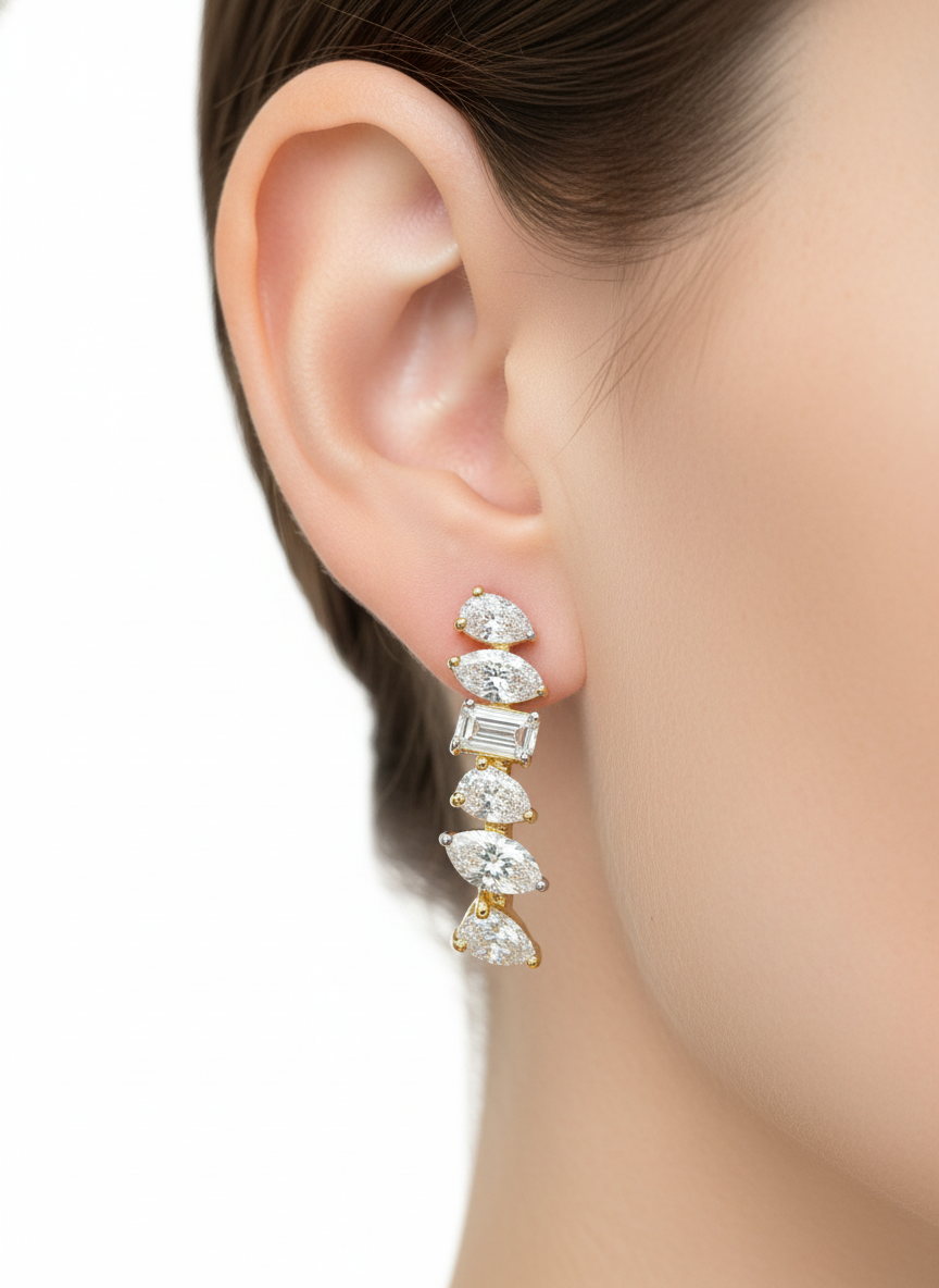 Side view of Dune Hoop Emerald Lab Diamond Dangler Earrings in 14K Rose Gold - Fiona Diamonds