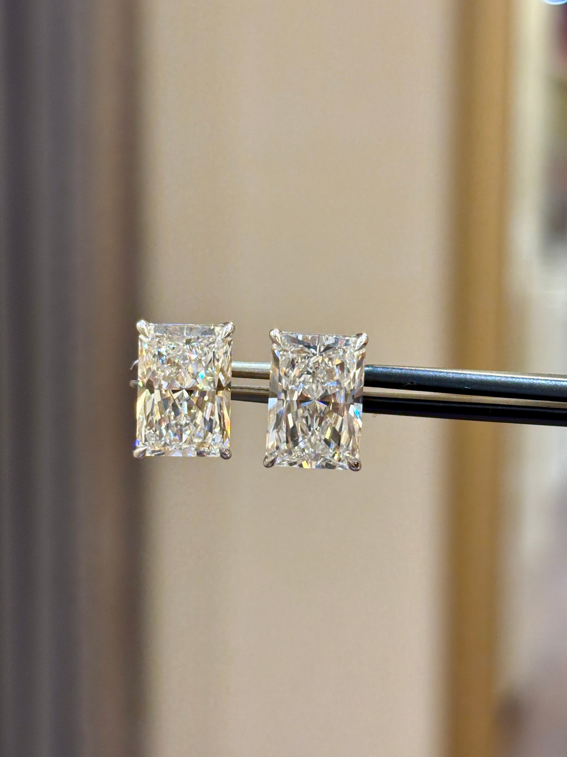 Fiona Diamonds 5ct Radiant Radiant Lab Diamond Stud Earrings in 18K Yellow Gold on ear