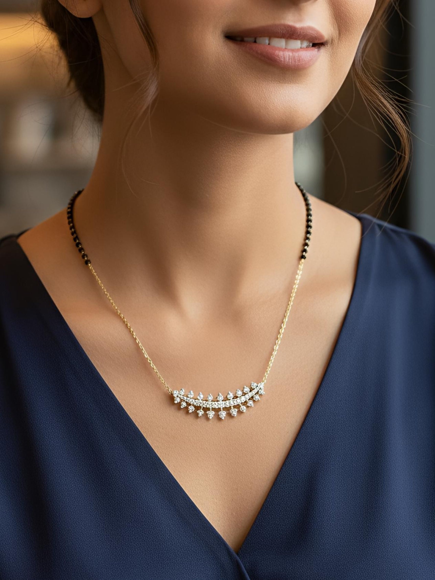 Avyphira Crest Round Lab Diamond Mangalsutra in 14K Yellow Gold by Fiona Diamonds