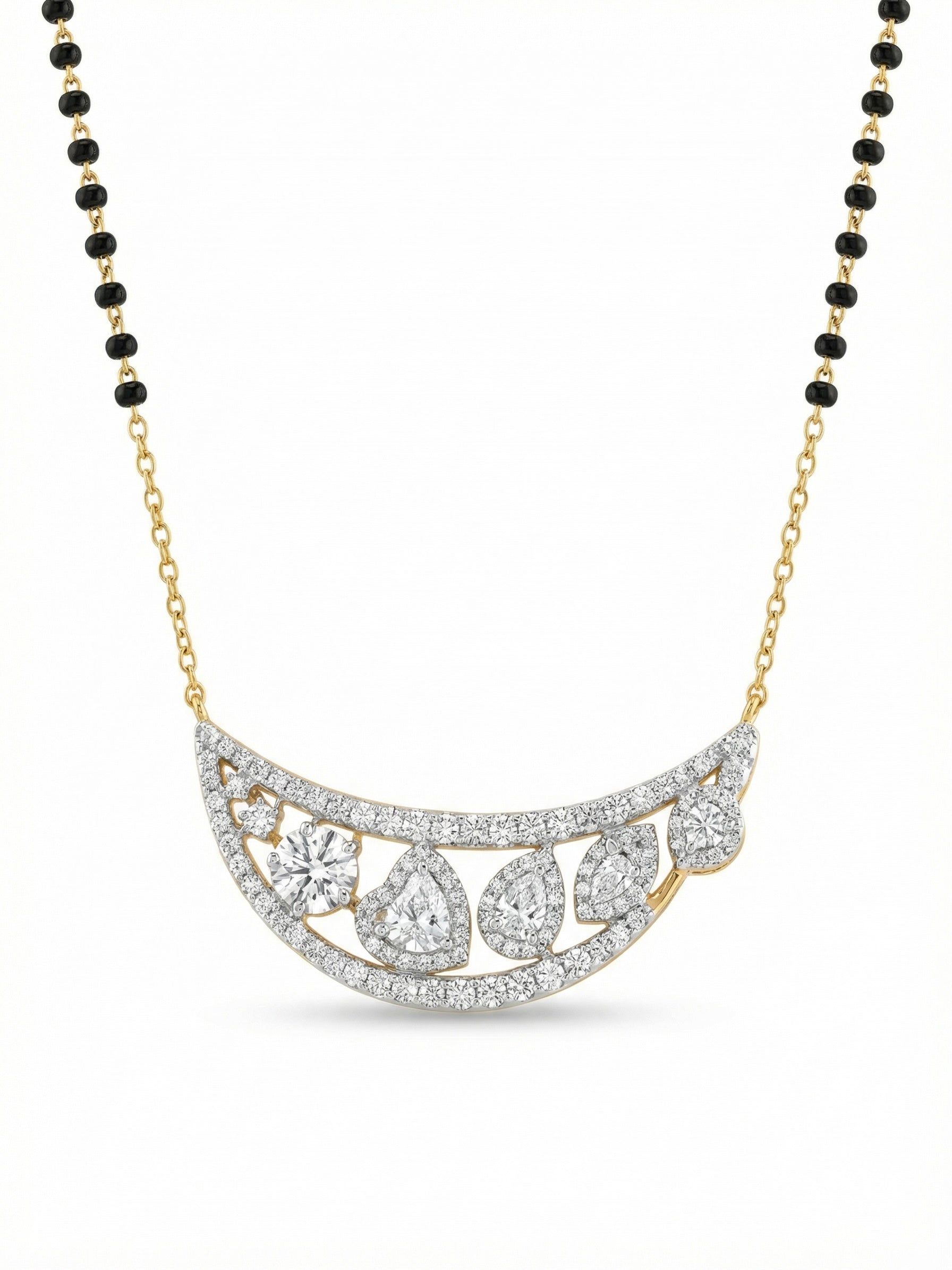 Close-up of Qyphira Crest Heart Lab Diamond Mangalsutra in 14K Yellow Gold by Fiona Diamonds