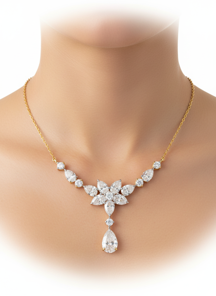 Side view of Elara Motif Pear Lab Diamond Mangalsutra in 14K Yellow Gold - Fiona Diamonds
