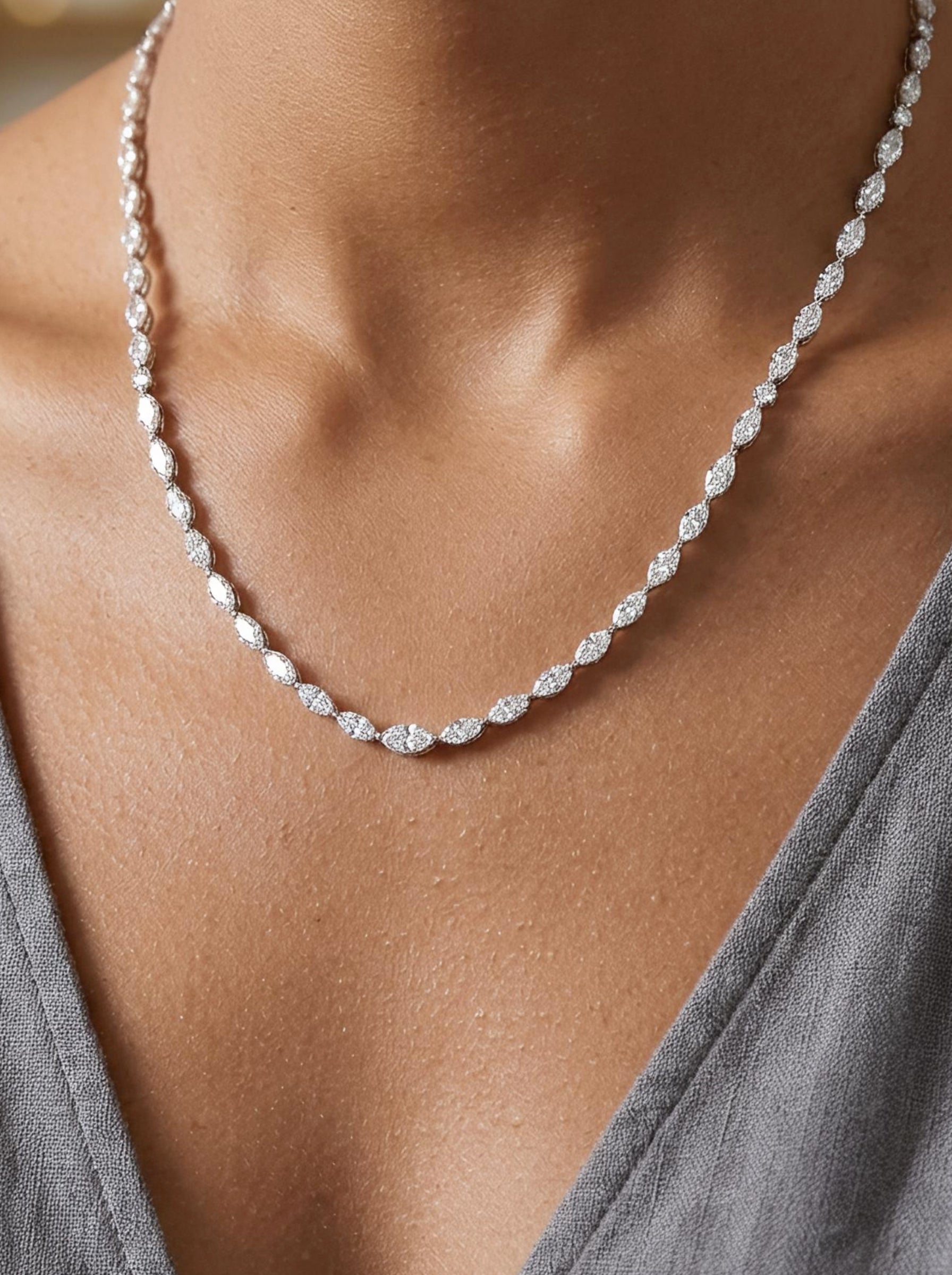 Side view of Noir Lumière Marquise Lab Diamond Tennis Necklace in 18K Yellow Gold - Fiona Diamonds