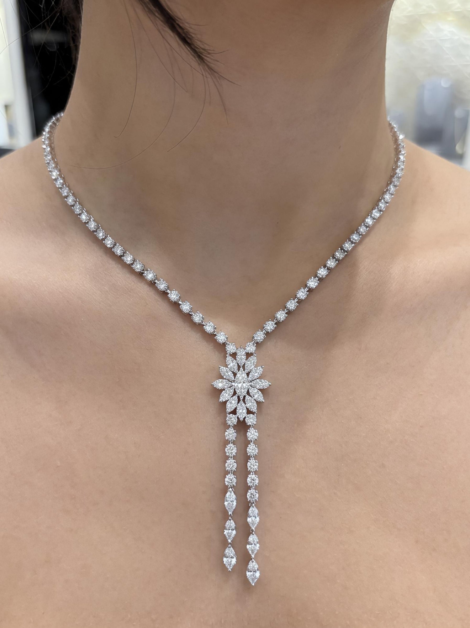 Side view of Dalia Vex Marquise Lab Diamond Designer Necklace in 14K White Gold - Fiona Diamonds