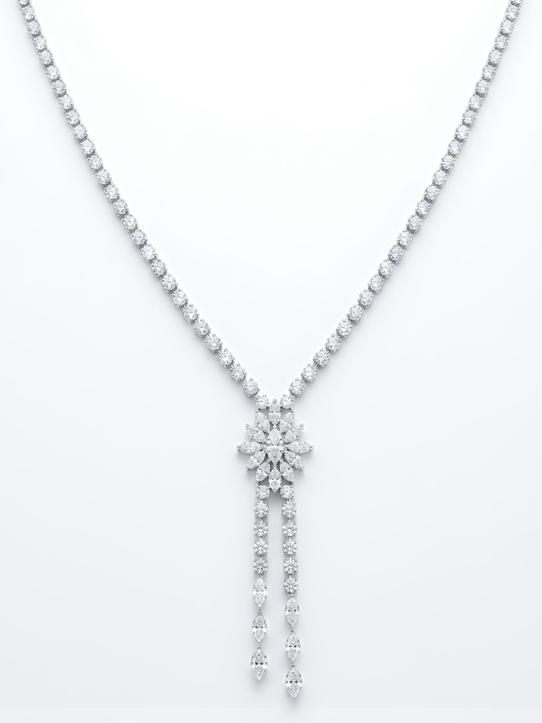 Close-up of Dalia Vex Marquise Lab Diamond Designer Necklace in 14K White Gold by Fiona Diamonds