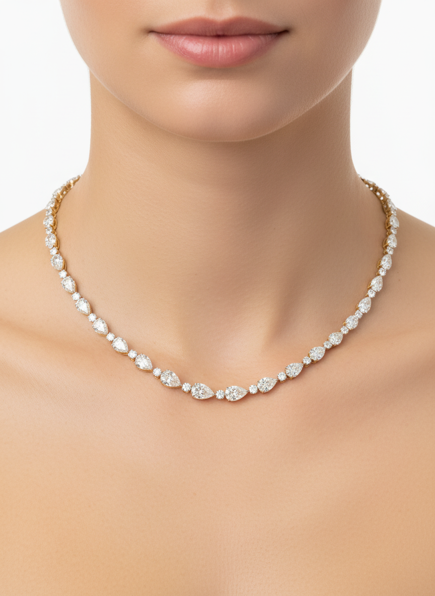 Side view of Lyra Drape Pear Lab Diamond Designer Necklace in 14K Yellow Gold - Fiona Diamonds