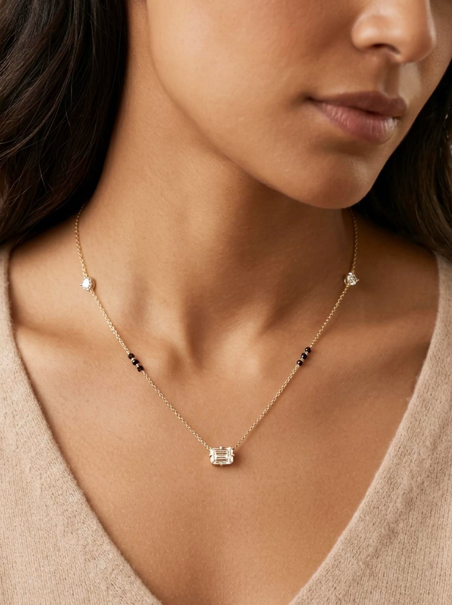 Side view of Misty Zenith Emerald Lab Diamond Mangalsutra in 14K Yellow Gold - Fiona Diamonds